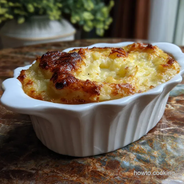 Fluffy mashed potato casserole, baked to a golden brown, elegantly plated with fresh thyme sprigs and a dollop of sour cream.