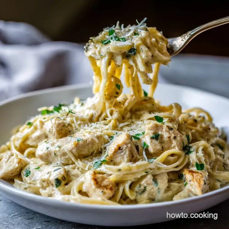 Perfectly plated creamy Alfredo: tender chicken and fettuccine glistening in a rich, velvety sauce with fresh herbs.