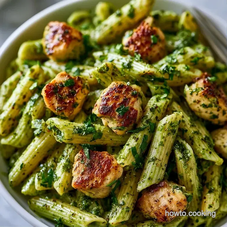 A white ceramic bowl of pasta swirled with bright green pesto and golden chicken pieces, topped with fresh basil.