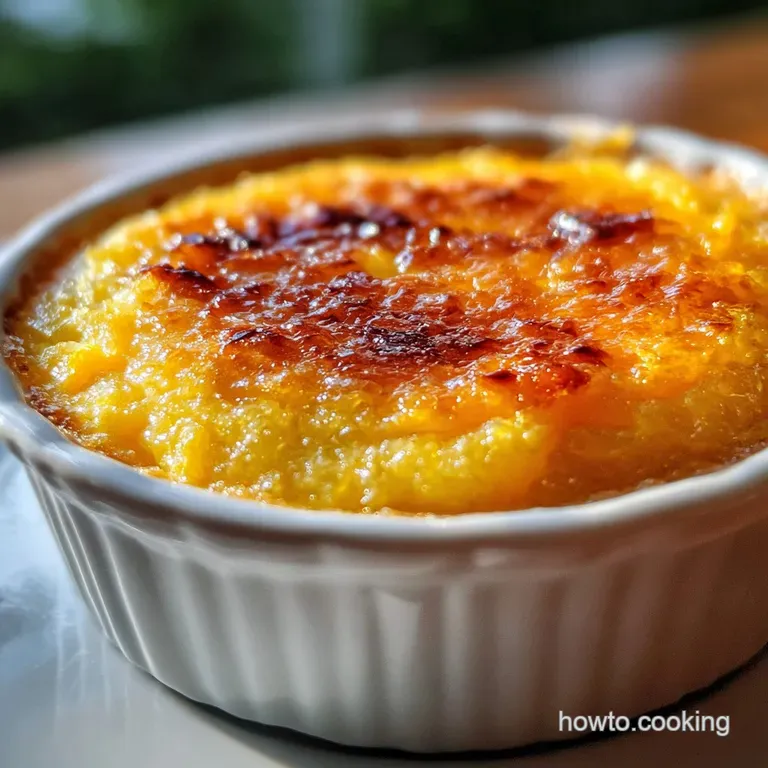 A spoonful of silky corn pudding is plated, showcasing its creamy texture and golden hue, beside sprigs of fresh herbs.
