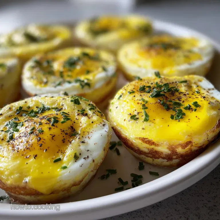 Two golden egg bites on a white plate, alongside crisp bacon and bright green chives as garnish.