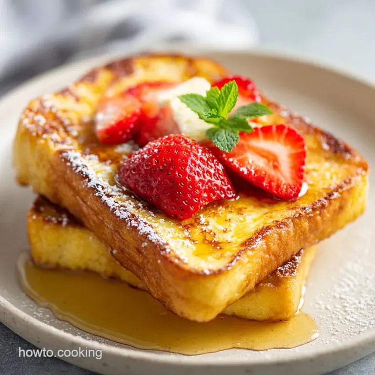 Elegant French toast presentation: three slices topped with mixed berries and whipped cream, drizzled with maple syrup on ...