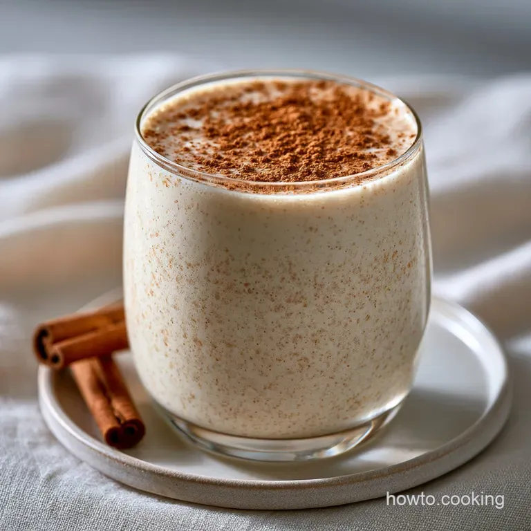 Five chilled glasses of frothy white cream arranged on a silver tray, accented by warm cinnamon sticks and gold trim.