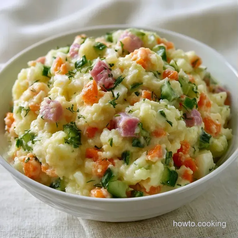 A neat scoop of creamy potato salad garnished with a sprig of parsley on a minimalist matte ceramic plate.