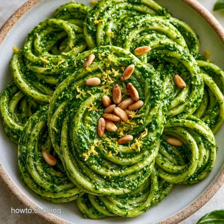 Elegant swirl of green-coated pasta on a white plate, garnished with a lemon wedge and a fresh basil leaf.