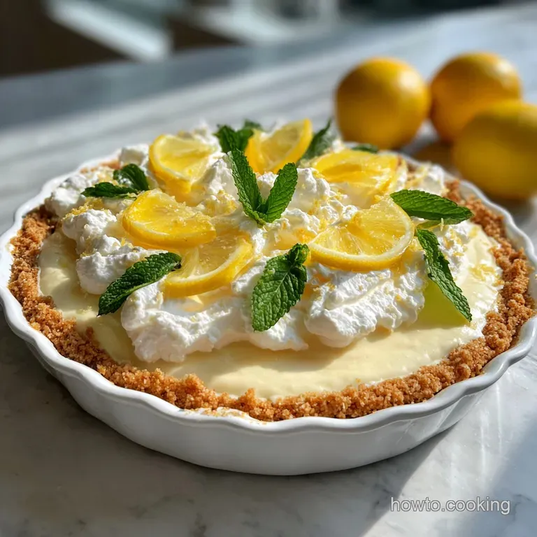 A slice of creamy lemonade pie on a white plate, garnished with a lemon wedge. The crust is golden brown, promising a swee...