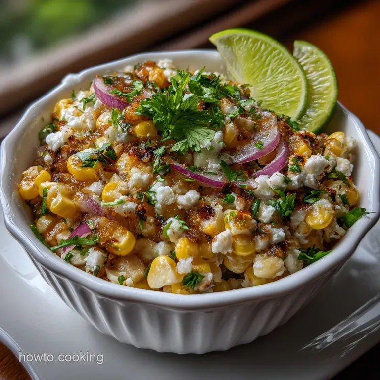 Elegant plating of Mexican street corn salad, with visible charred corn, a drizzle of sauce, and a sprinkle of herbs, text...