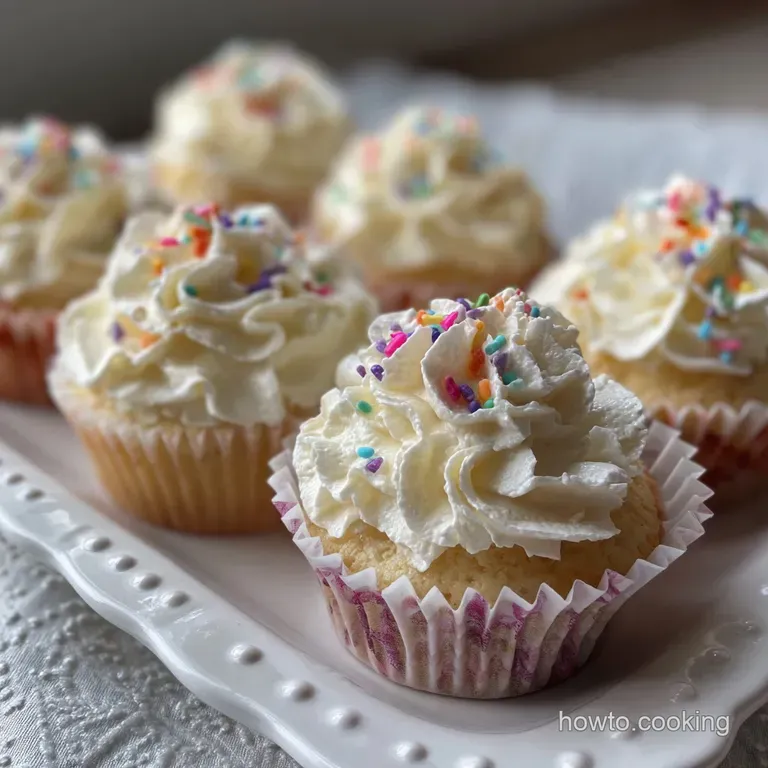 Three miniature cupcakes displayed on a small, ornate plate. Vanilla frosting with delicate pink and blue sprinkles, invit...