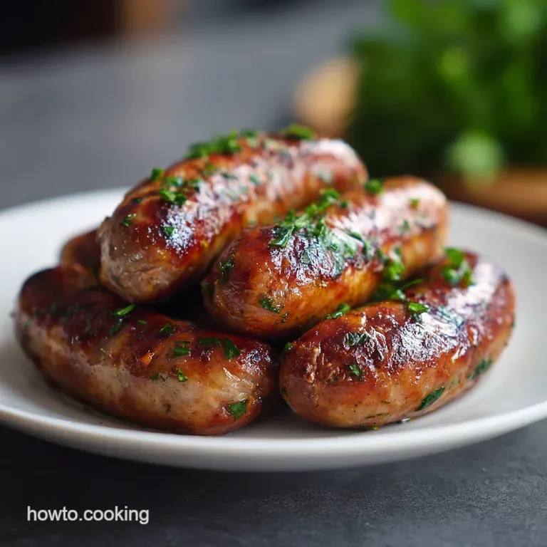 Three sausage balls nestled on a white plate. Speckled with herbs, hinting at savory flavors, and topped with a light sauce.