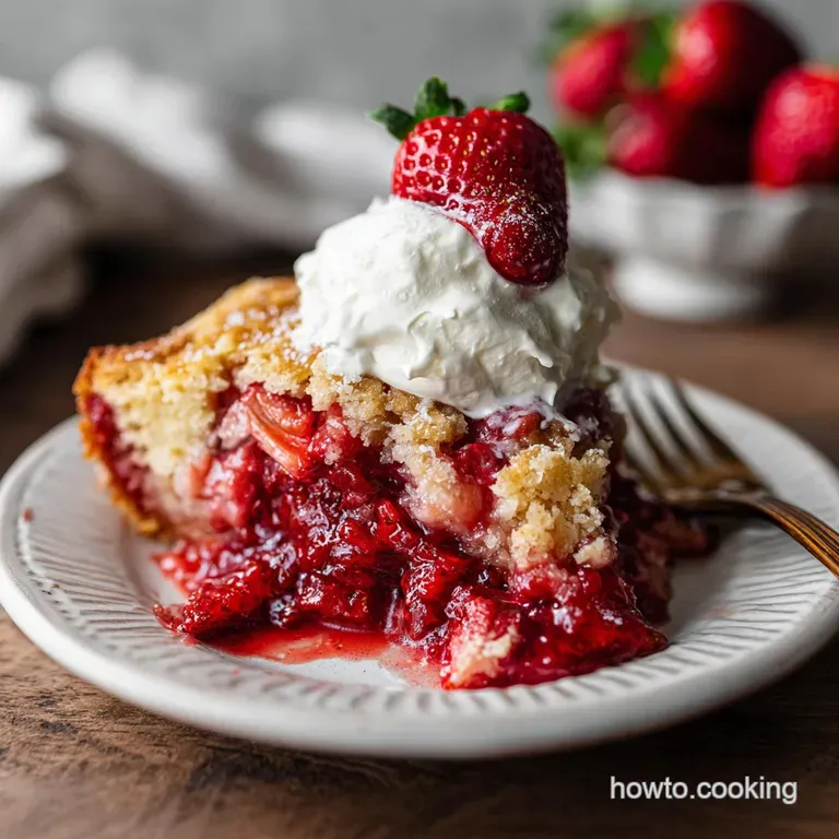 A scoop of warm strawberry dump cake served with a dollop of whipped cream and fresh mint garnish.