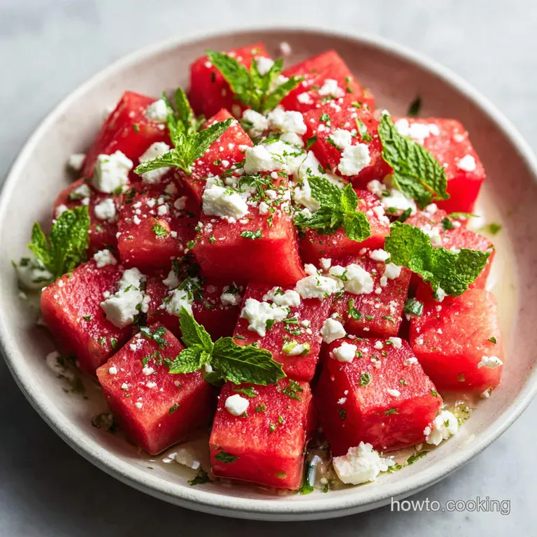 A vibrant watermelon salad is elevated with crumbled feta. A light balsamic glaze is drizzled on top of the fresh mint lea...