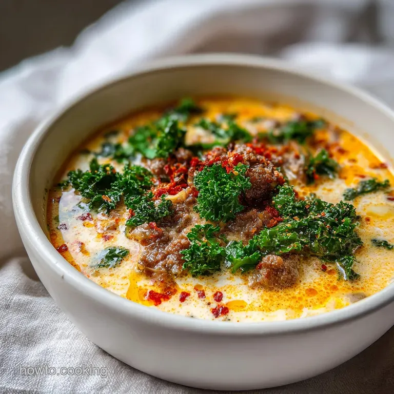 A rustic ceramic bowl filled with hearty soup, garnished with vibrant green kale and a sprinkle of chili flakes.