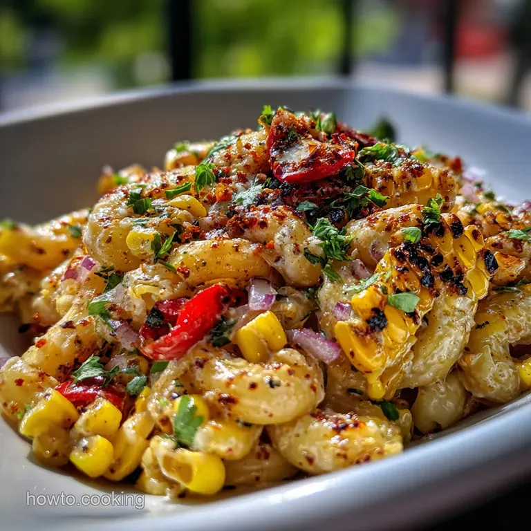 A generous serving of vibrant pasta salad with charred corn, cilantro, and a dusting of chili, topped with crumbled cheese.