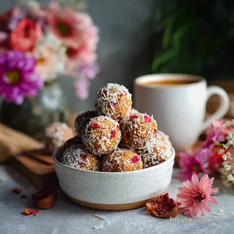 Stacked no-bake energy bites on a small white plate. Close-up shows the textured surface with oats, nuts, and coconut.
