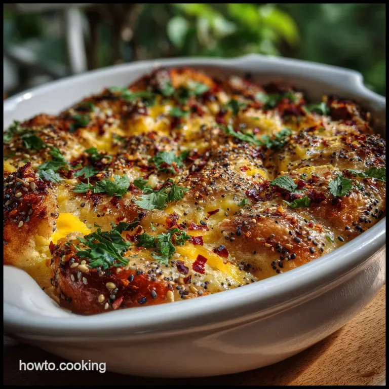 Individual squares of savory casserole, showcasing a soft, airy interior. Served on a white plate, garnished with fresh ch...