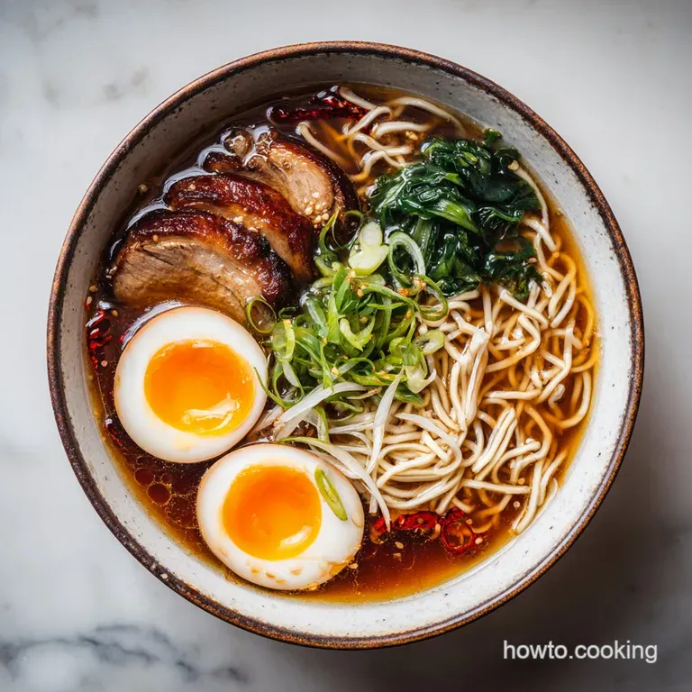 A curated ramen bowl: glistening broth coats piled noodles, tender pork slices, and a bright orange egg yolk.
