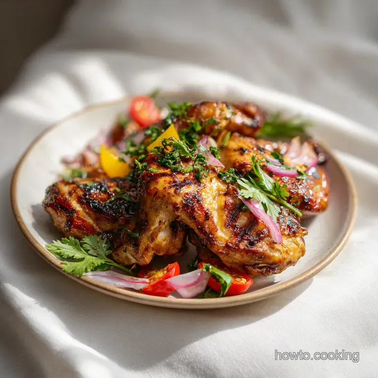 Glossy grilled chicken portion with char marks, resting on a bed of rice, drizzled with green herbs for a pop of color.
