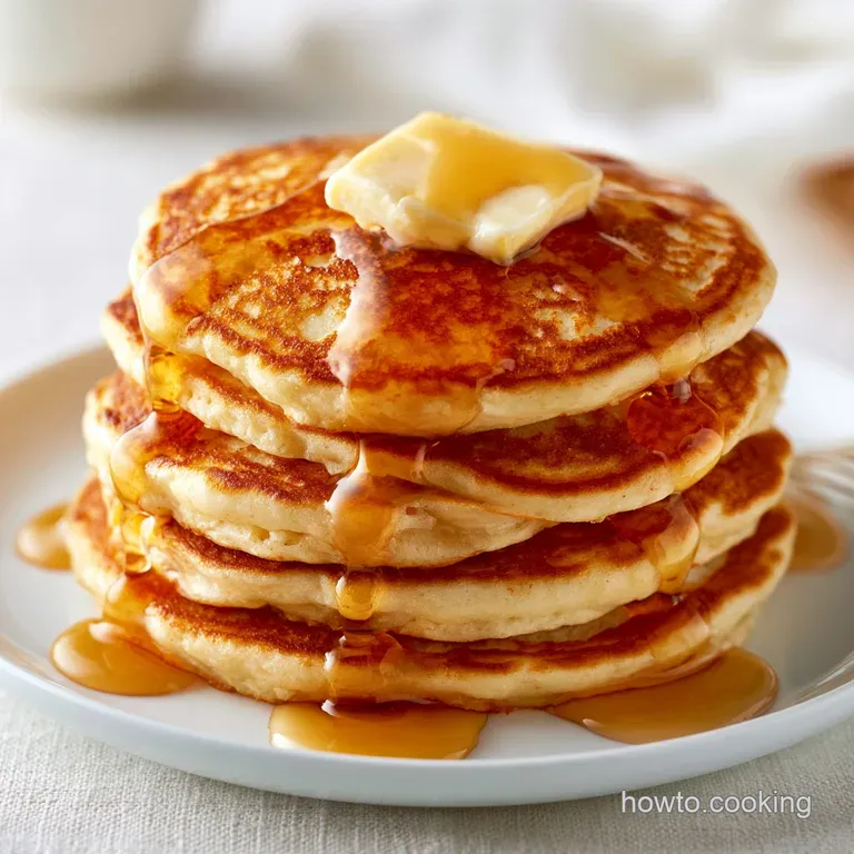 Three thick golden cakes on a white ceramic plate with fresh blueberries and a delicate dusting of powdered sugar.