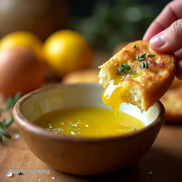 Golden Dipping Rustic Focaccia with Lemonthyme Infused Olive Oil Flaky Salt presentation