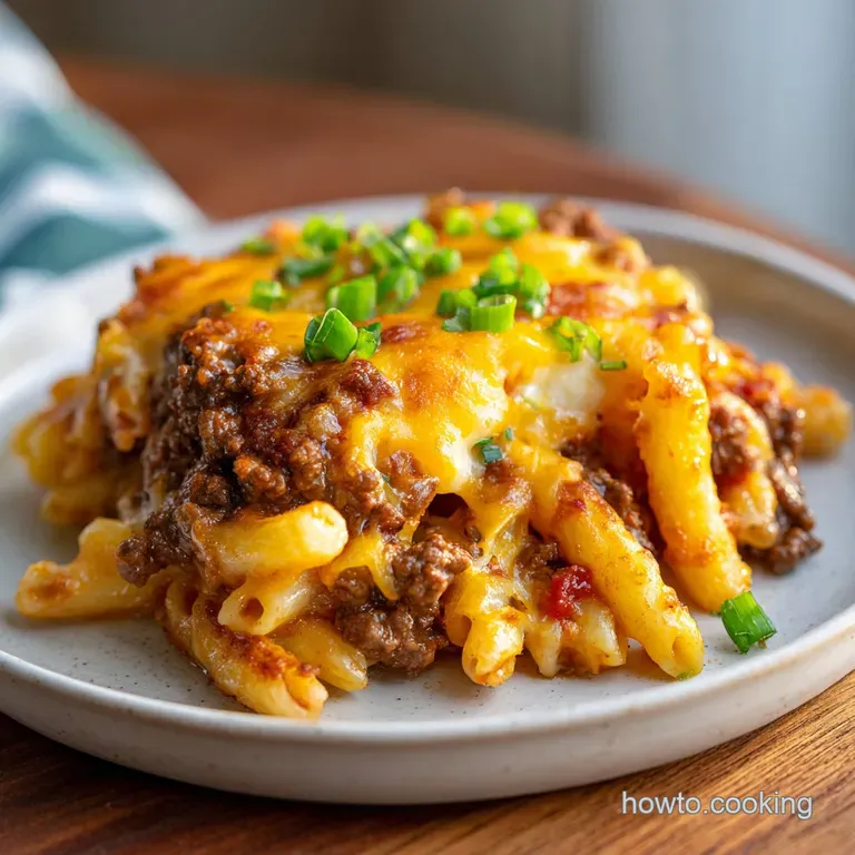 Individual portion of rich, beefy casserole, steam rising. Topped with golden fries and fresh parsley. Rustic & inviting.
