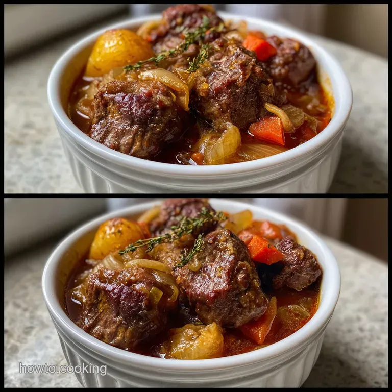 Elegant bowl of French onion beef stew. Garnished with fresh herbs and a swirl of creamy cr&egrave;me fra&icirc;che. Textural contrast:...