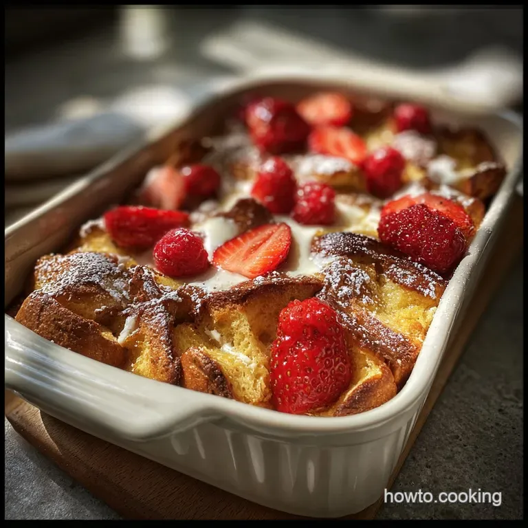 Slice of warm French toast casserole on a white plate, topped with fresh berries & a dusting of powdered sugar. Steam is r...