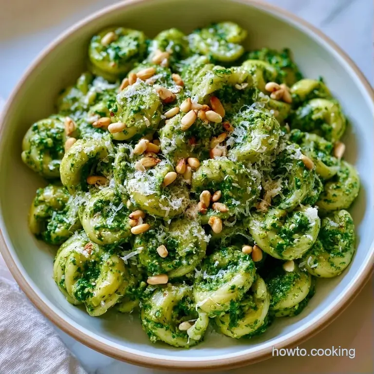 Al dente pasta twists coated in emerald green sauce, garnished with a fresh basil leaf and toasted pine nuts.