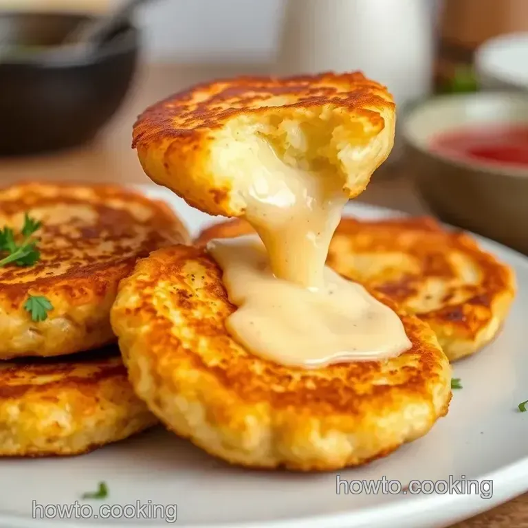 Fried Potato Cakes with Cheesy Garlic Filling presentation