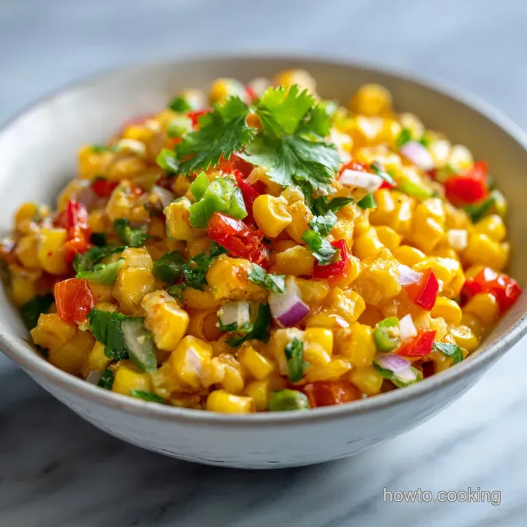 Bright corn salad piled high on a white plate, topped with crumbled cheese and crispy Fritos, ready to be served.
