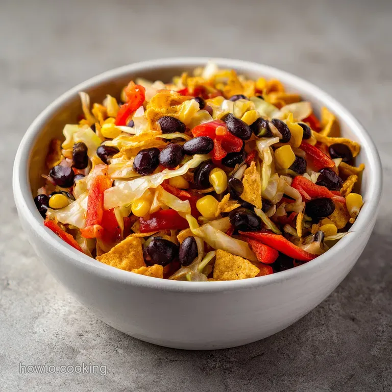 Fresh cabbage salad with colorful corn and beans served in a modern ceramic bowl with crunchy corn chip accents.