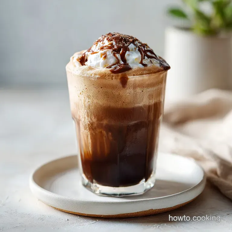 Tall glass of iced mocha hot chocolate with a chocolate straw, set on a bright marble table with scattered chocolate shavi...