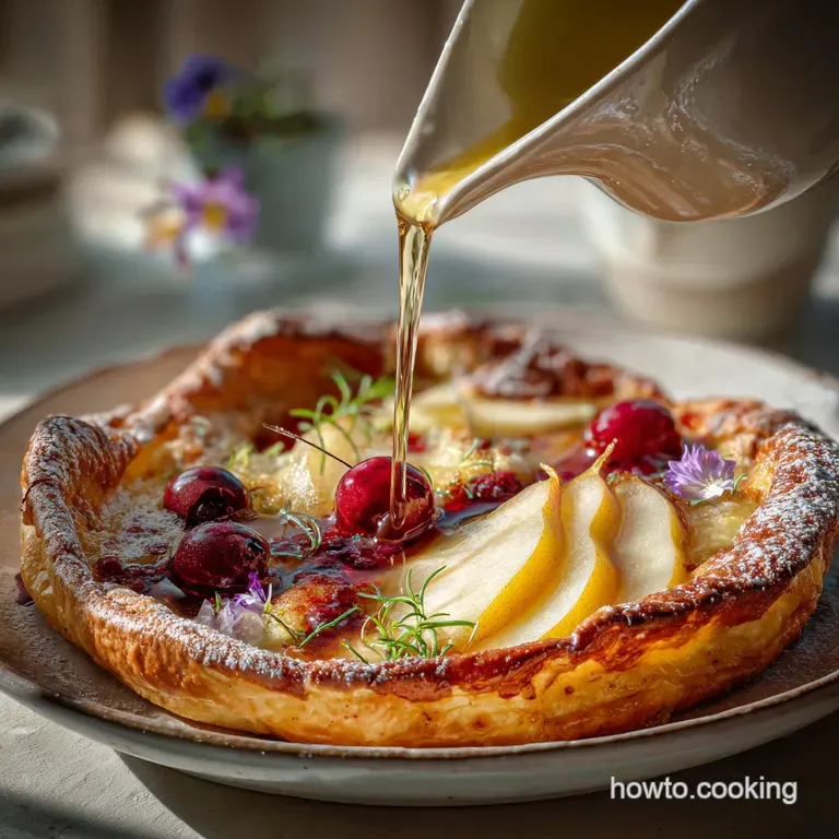 Elegant plate featuring a caramelized pear half nestled beside a fluffy, golden-brown pancake, garnished with vibrant rasp...