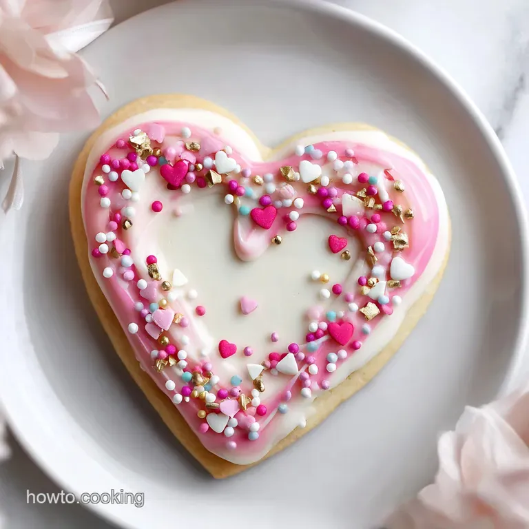 A single heart-shaped sugar cookie with delicate pink frosting and festive sprinkles displayed on a patterned plate.