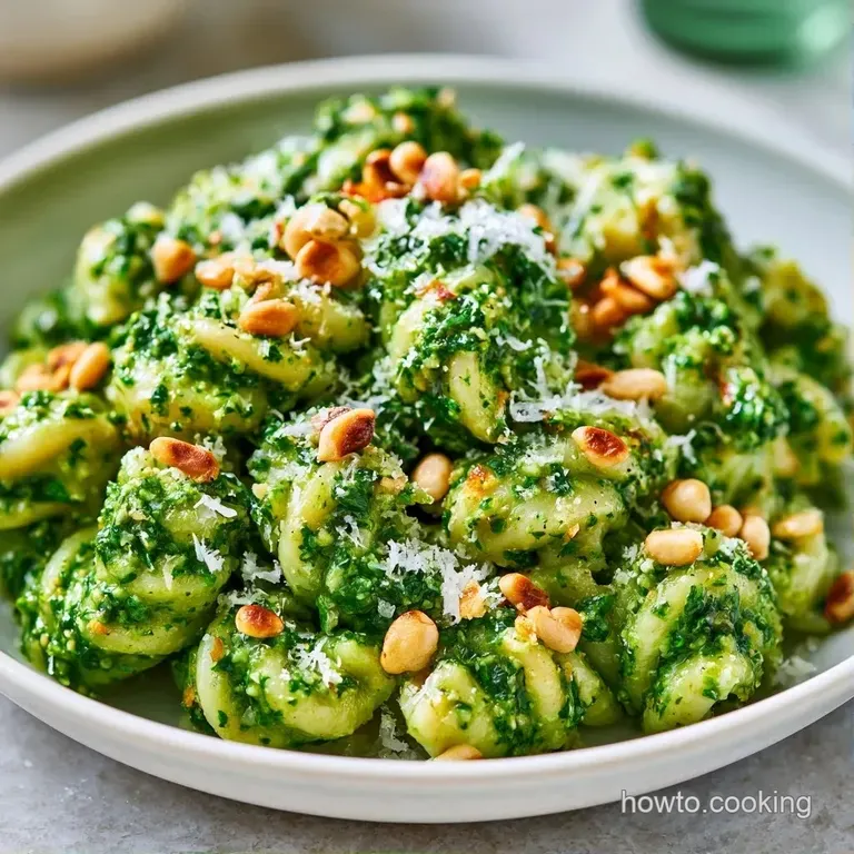 A neat swirl of vibrant green noodles on a slate plate, sprinkled with toasted pine nuts and cracked black pepper.