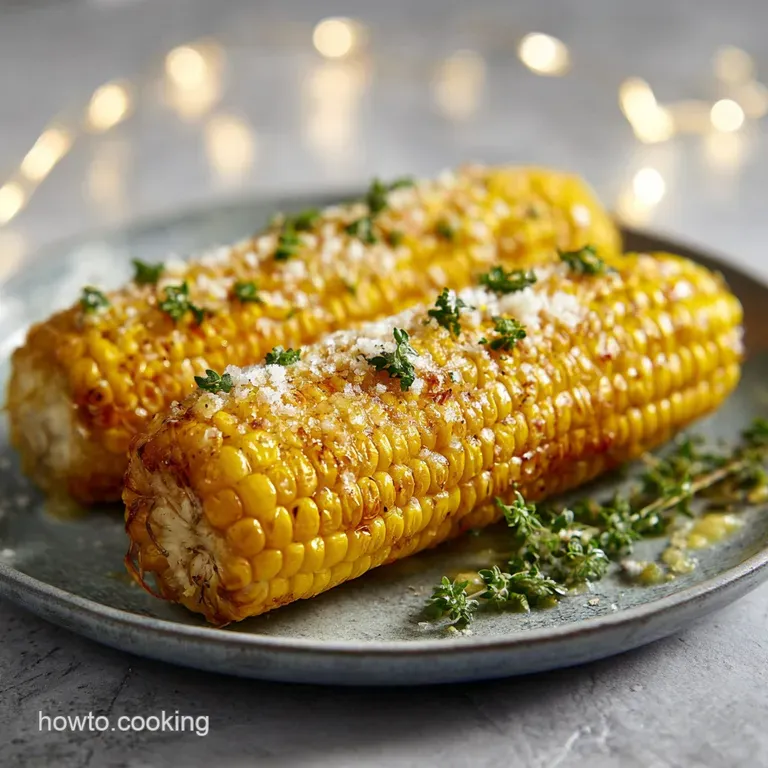 Buttery, bright yellow corn on the cob on a white plate. Fresh herbs provide a vibrant green garnish.