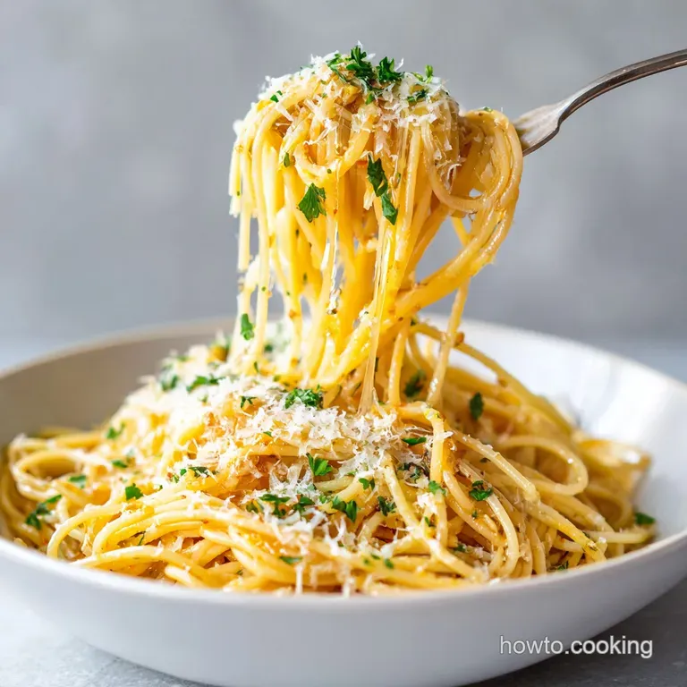 Elegant swirl of glossy pasta topped with golden garlic bits and fresh herbs on a minimalist matte black plate.