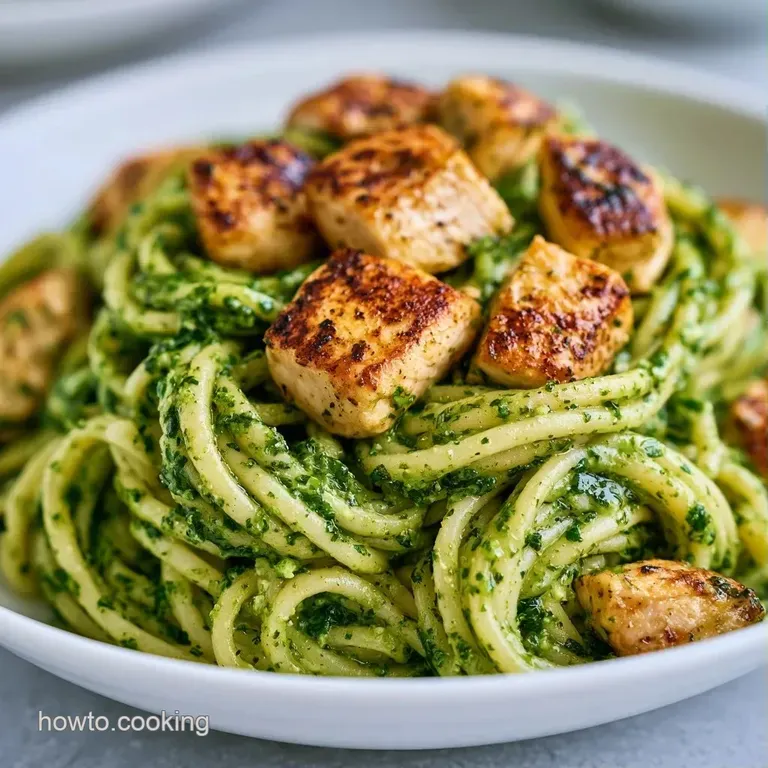 A swirl of vibrant green pasta and seared chicken on a white ceramic plate, topped with a fresh basil leaf.