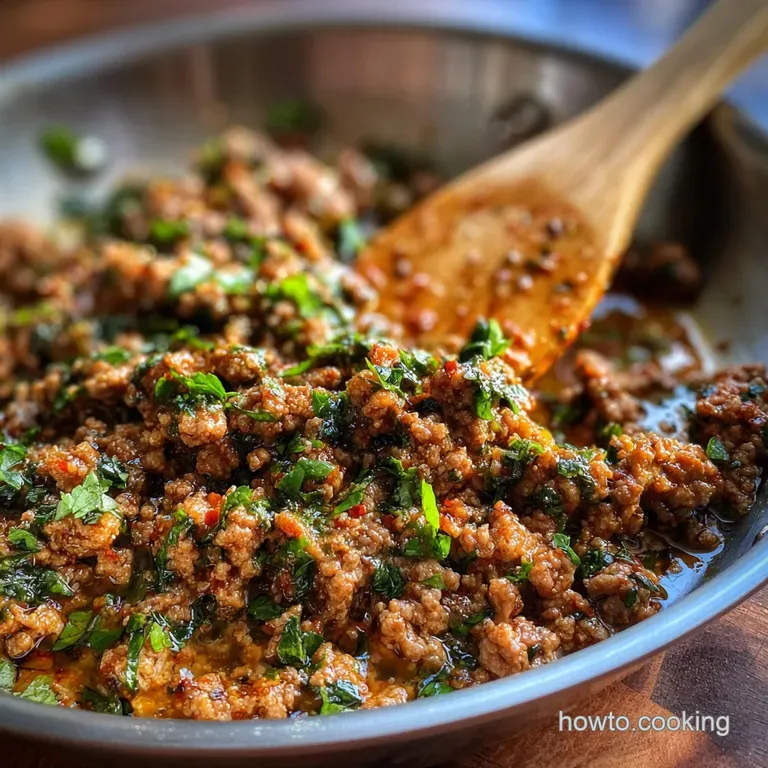 Perfectly seared ground beef arranged artfully on a plate, accented by vibrant green herbs and a delicate drizzle of oil. ...