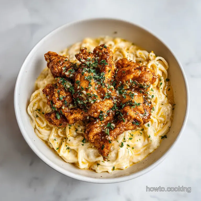Twirled pasta nests topped with seared chicken, dusted with parmesan and a sprig of fresh green parsley on a plate.