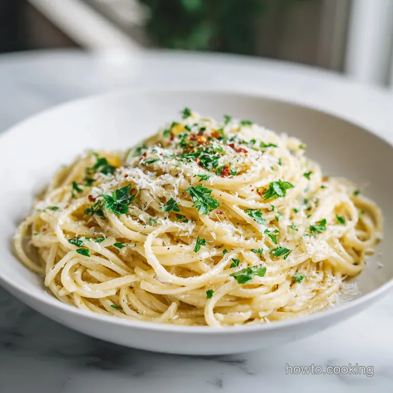 A single serving of glistening pasta twirled elegantly on a white plate, topped with shaved parmesan and a herb sprig.