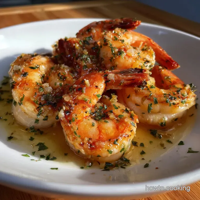 Sizzling garlic shrimp nestled amongst vibrant green herbs and bright red chili flakes, a quick and easy seafood dish.