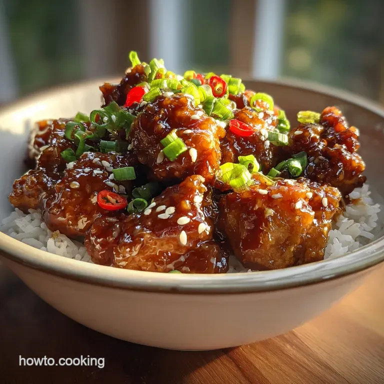 Elegant plate of dark, crispy General Tso's chicken with sesame seeds and scallions, next to bright green broccoli florets.