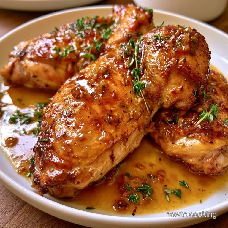 Juicy chicken breast and thigh on a white plate with a smooth gravy swirl and a fresh sprig of aromatic thyme