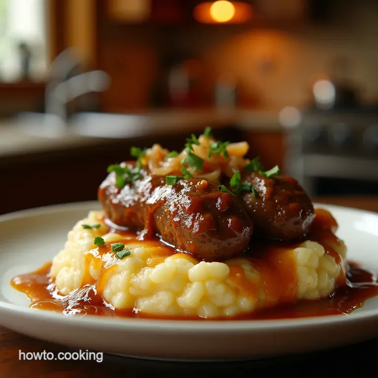 Gourmet Bangers and Mash with Caramelized Onion Gravy presentation
