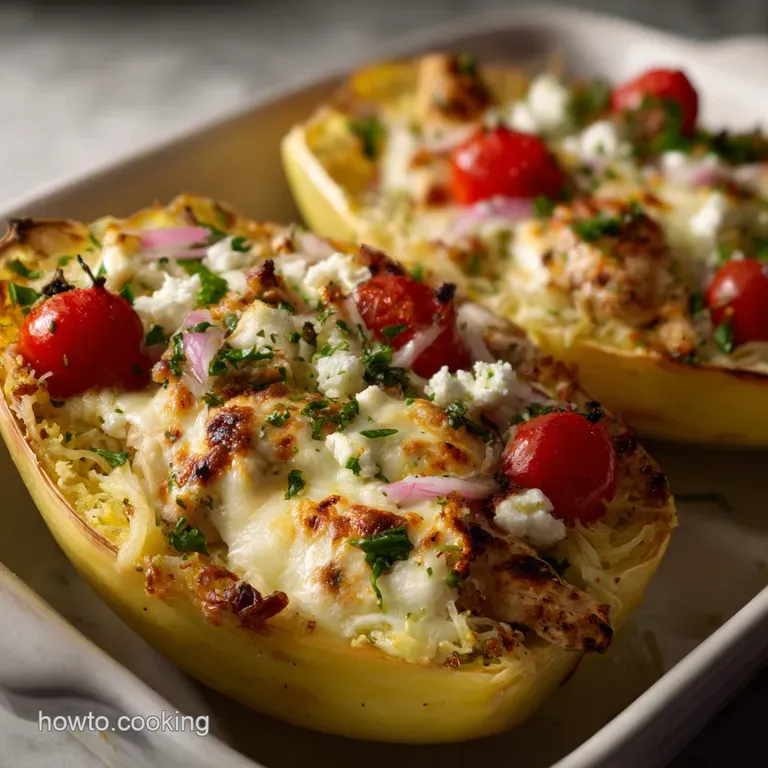 Greek Chicken Spaghetti Squash Mediterranean Bake presentation