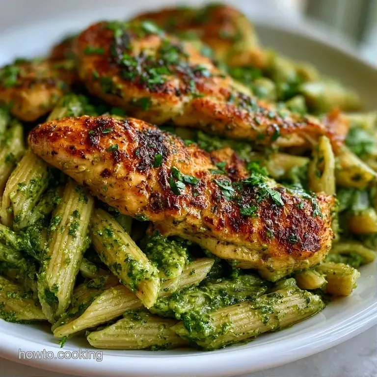 Elegant white bowl of swirling green pasta topped with golden-brown chicken and pops of bright red cherry tomatoes.