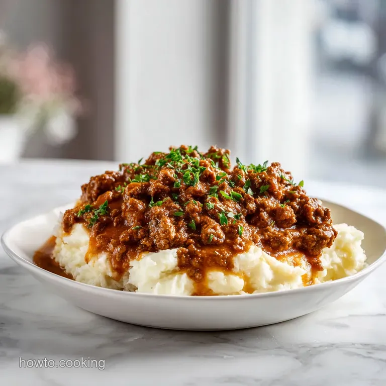 Generous scoop of creamy mashed potatoes topped with glistening ground beef gravy, artfully plated