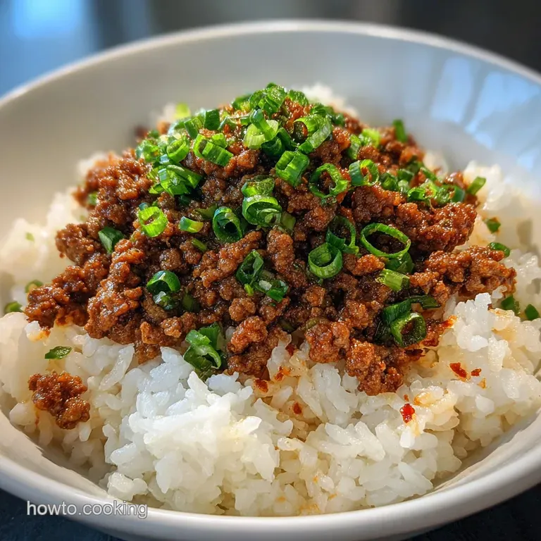 Individual rice bowl featuring fluffy rice, savory ground beef, crisp lettuce, and a vibrant swirl of creamy sauce. Ready ...