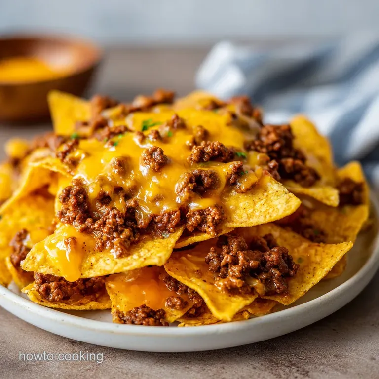 A wide platter of golden chips topped with melted cheese, seasoned beef, and scoops of fresh guacamole and cream.