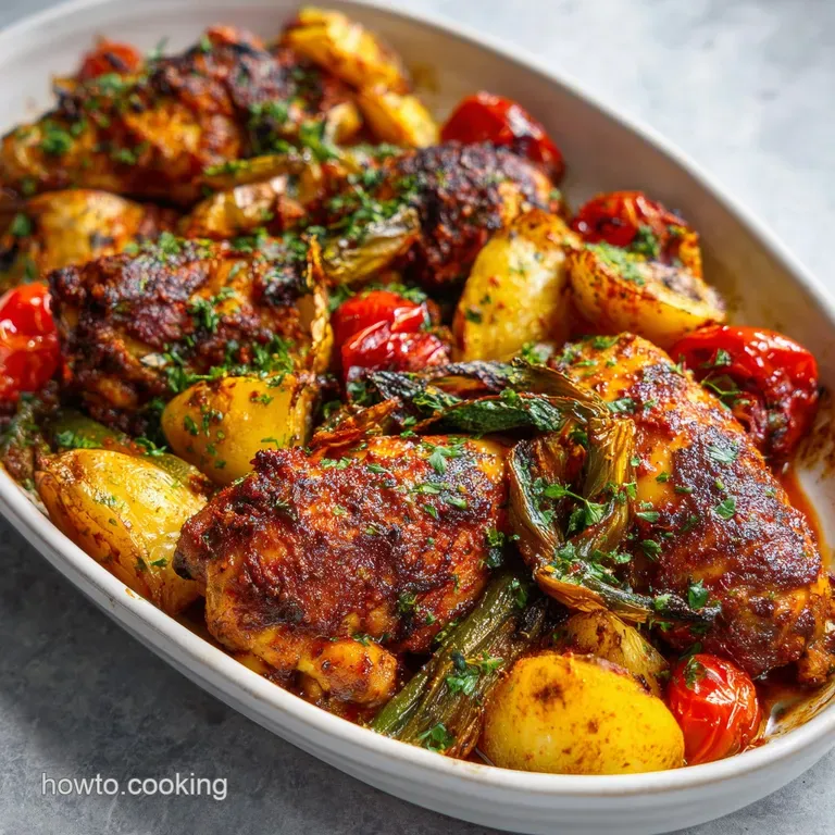 A colorful medley of roasted chicken, peppers, and onions elegantly served with crumbled feta.